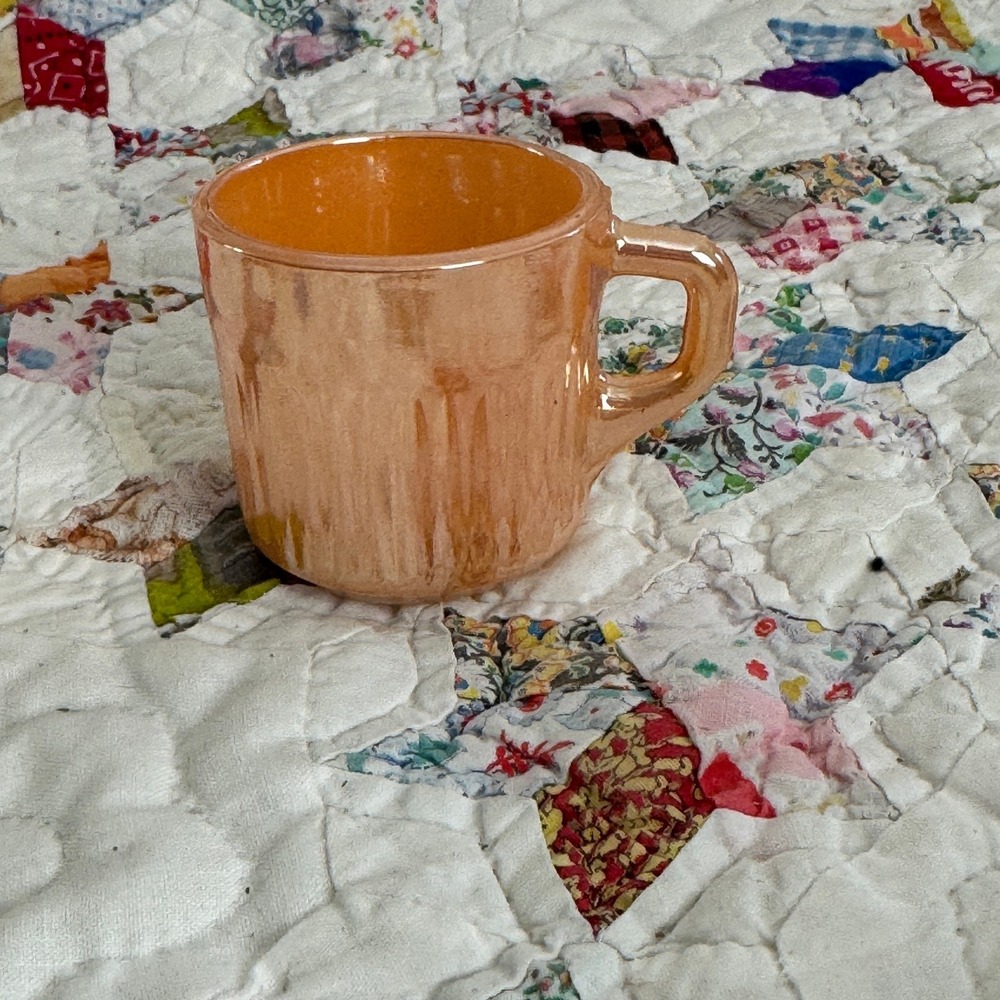 Fire-King Peach Lustre Milk Glass Mug Anchor Hocking D-Handle Vintage MCM Ribbed